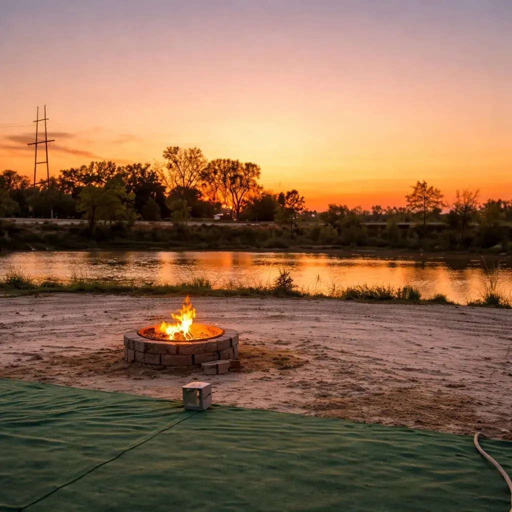 Fire ring on the sandy lakeshore at sunset