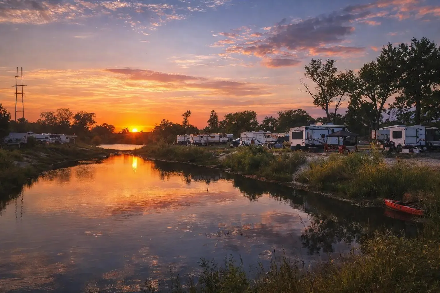 Sunset over the lake at Merritt Beach RV Park with RVs along the shore