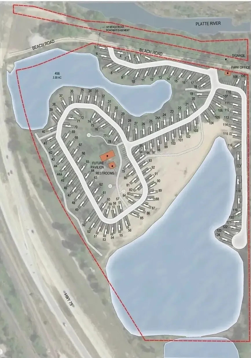Map of Merritt Beach RV Park showing the sites and lakes
